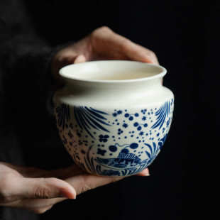 家用盖碗茶具陶瓷茶水盂 苏打釉半彩鱼藻纹茶洗茶渣缸建水陶瓷中式