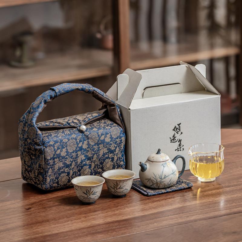 陶泥手绘竹影茄瓜壶便携套装创意布袋一壶两杯套组莲纹收纳装