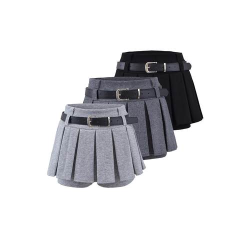 High waisted pleated skirt pants for women with waist belt