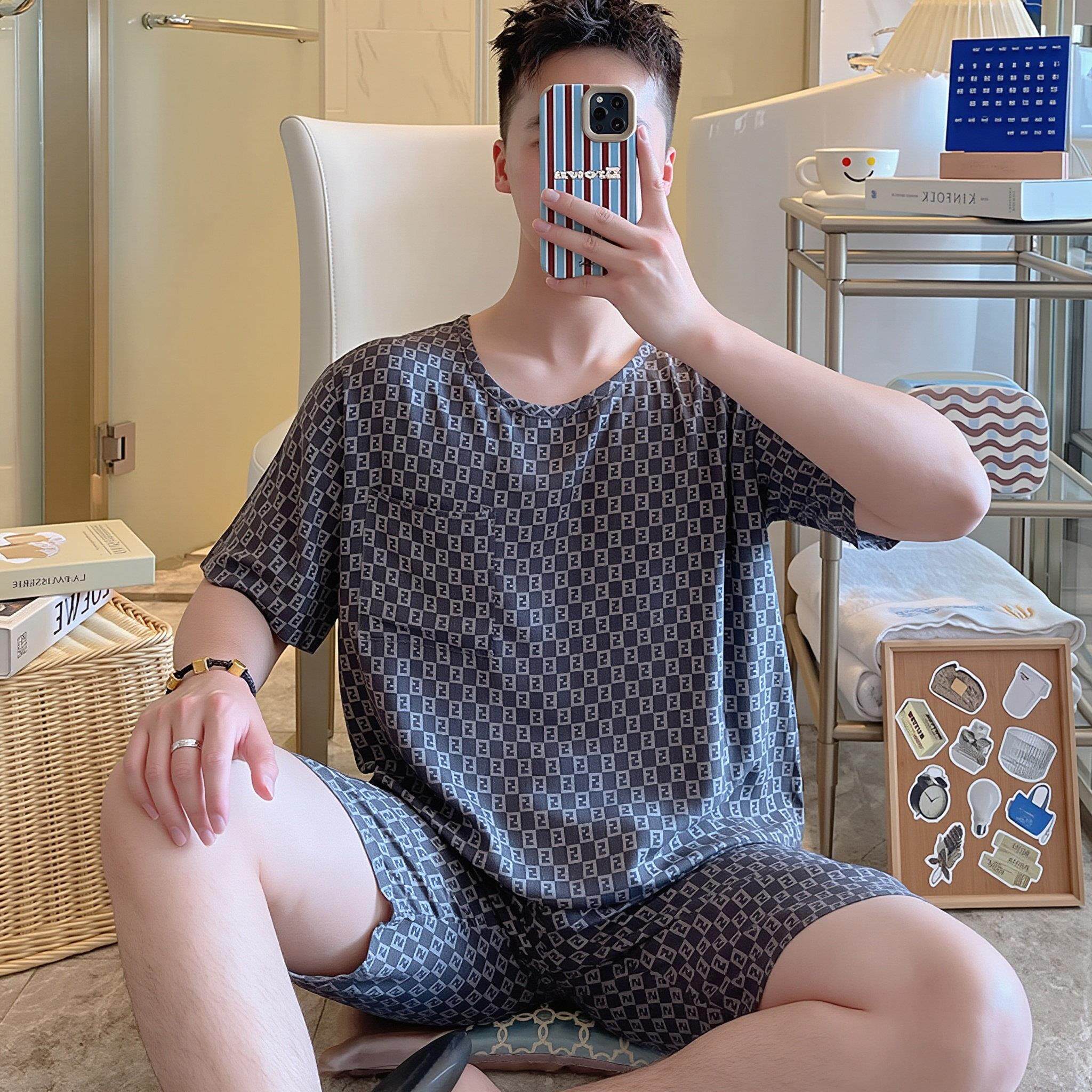 男士棉绸薄款睡衣短袖短裤套装男生人造棉空调服男孩绵绸家居服夏
