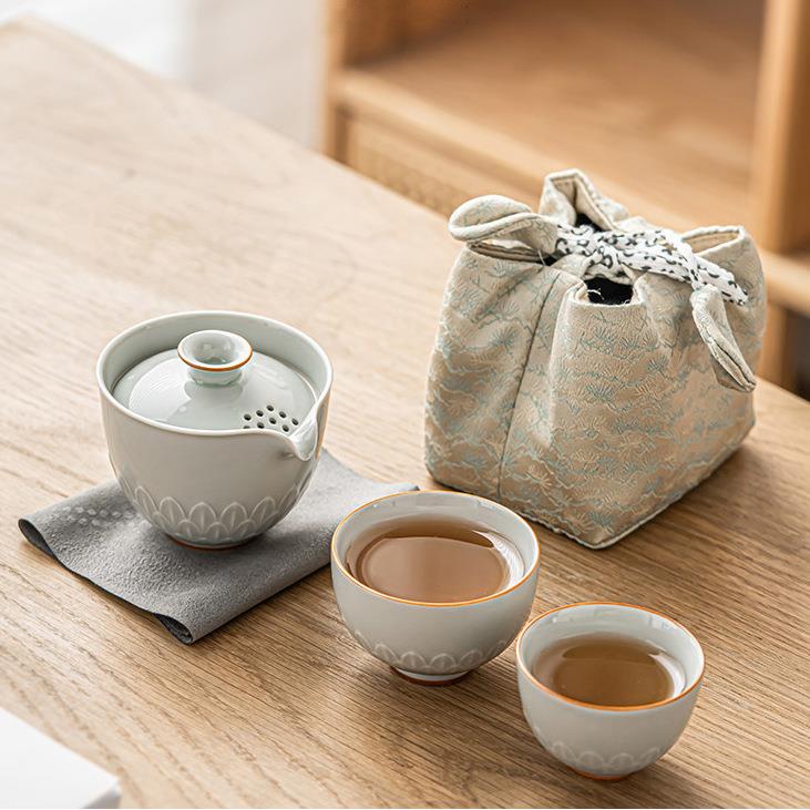 复古中式古蓝半手工浮雕莲瓣快客杯一壶二杯功夫旅行茶具家用陶瓷