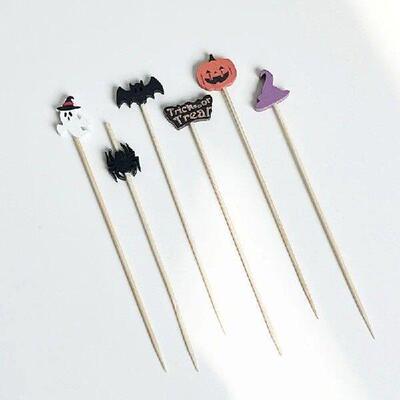 100pcs Halloween Pumpkin Bamboo Skewers Fruit Forks Buffet