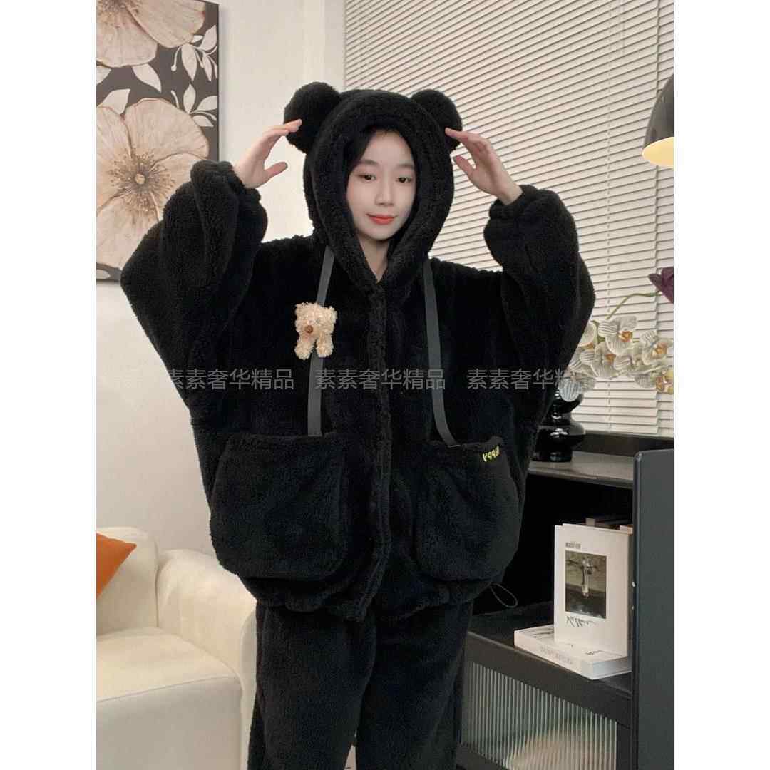 黑色可爱小熊加绒加厚连帽情侣睡衣男女冬季宽松外穿珊瑚绒家居服