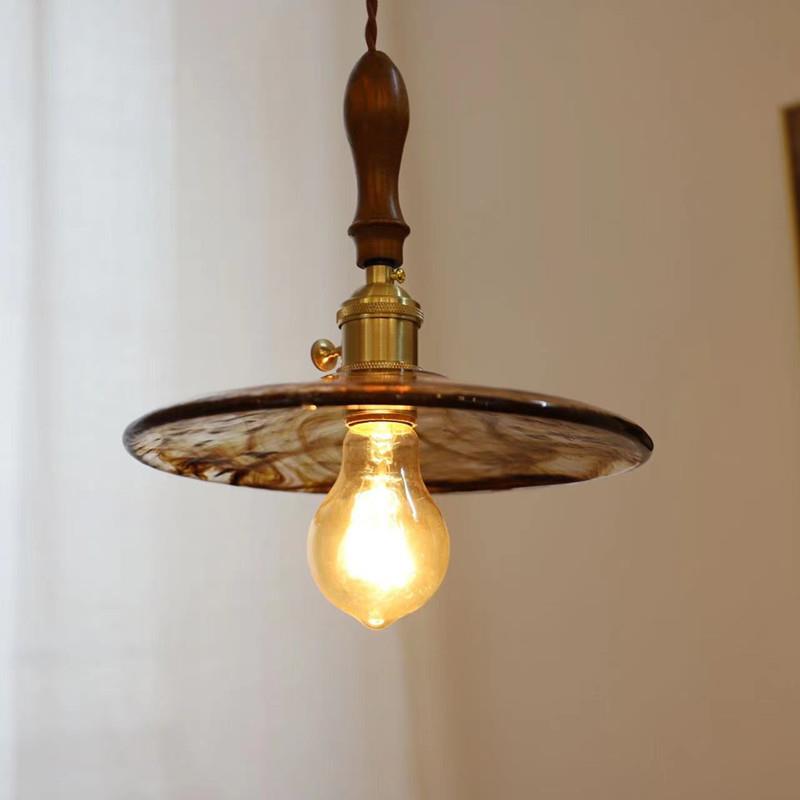 日式复古胡桃木黄铜茶色玻璃小吊灯创意简约吧台过道餐厅茶室灯具
