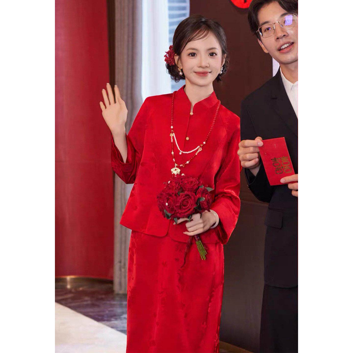 新中式敬酒服2026新款新娘小个子订婚结婚礼服冬季长袖出阁宴套装