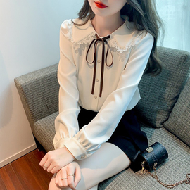 白色娃娃领衬衫女2024春季法式蕾丝，花边系带衬衣长袖雪纺上衣