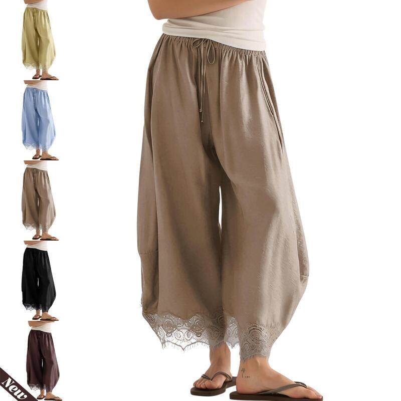 D 79962 Women Casual Wide Leg Pants Lace Hem蕾丝边阔腿裤