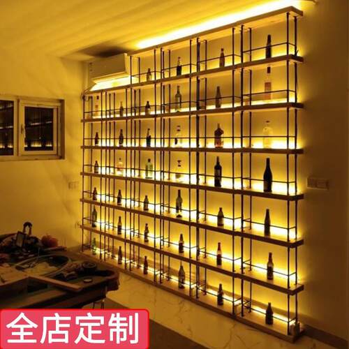 酒架落地靠墙工业风发光实木酒柜复古红酒架壁挂红酒柜展示架陈列