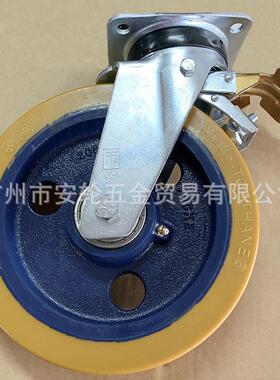 德国WICKE威卡脚轮10寸浇注聚氨酯胎面铸铁芯250mm带刹车轮508771