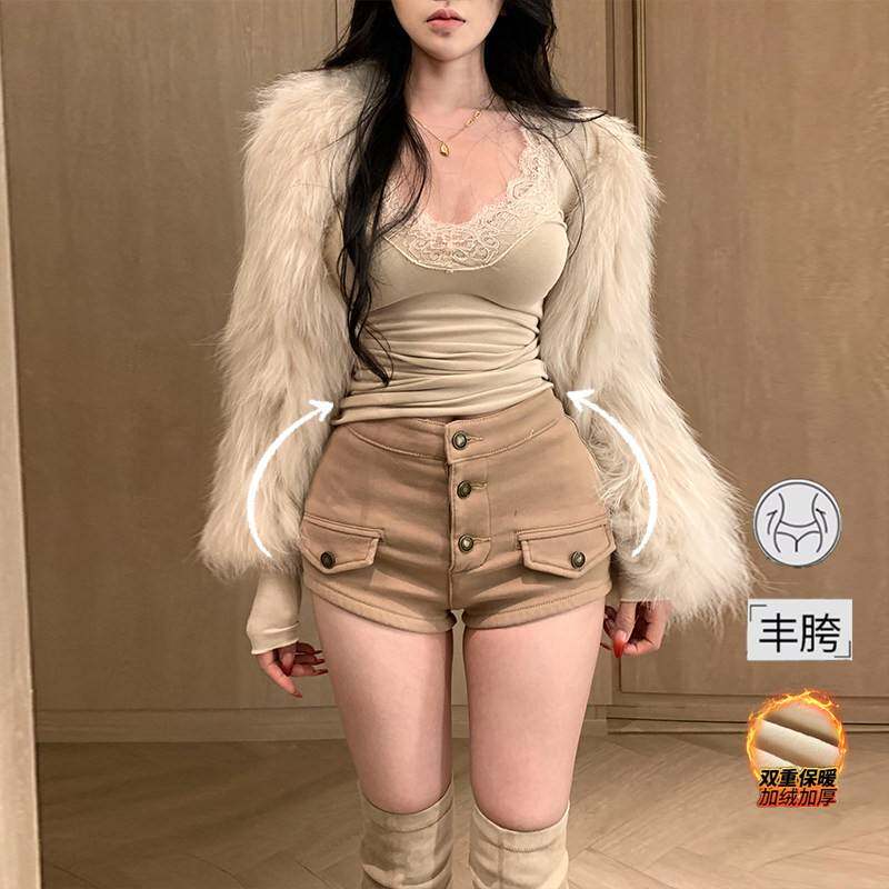 李李服饰卡其色老钱风丰胯牛仔短裤女外穿冬2025加绒加厚高腰热裤