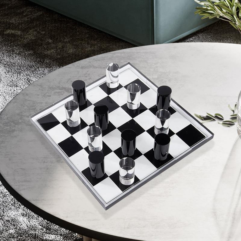 现代意式极简黑白格子水晶棋盘样板间办公室客厅摆件桌面软装饰品