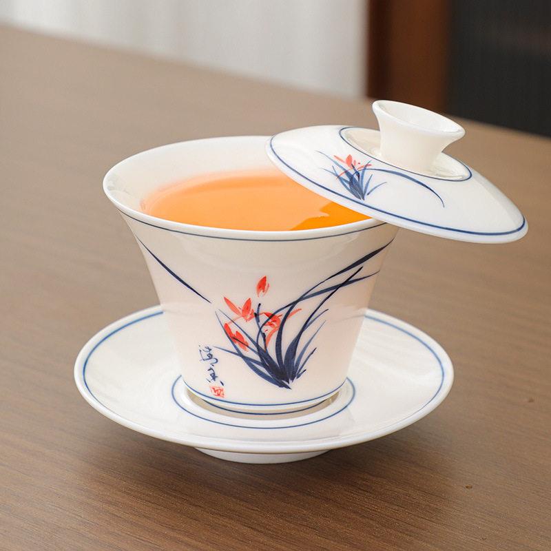 青花瓷三才盖碗羊脂玉可悬停陶瓷泡茶杯白瓷敬茶杯功夫茶具釉下彩