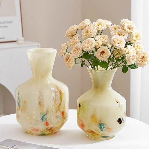 中古高级彩色手工琉璃玻璃花瓶法式装饰客厅大口径艺术插花器摆件