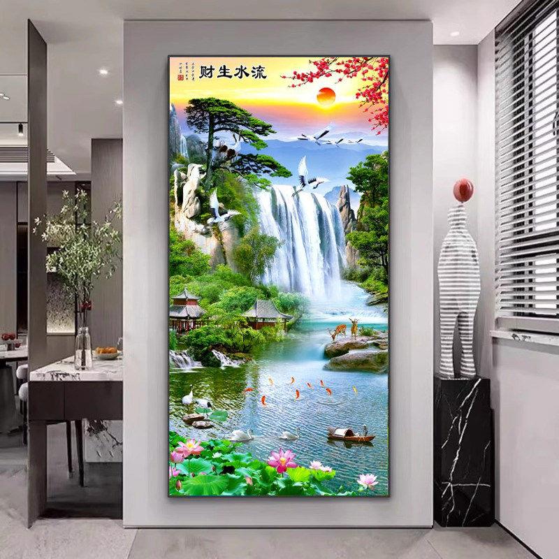 山水画挂画画生财玄关竖版迎客松中式走廊装饰画入户流水风景过道