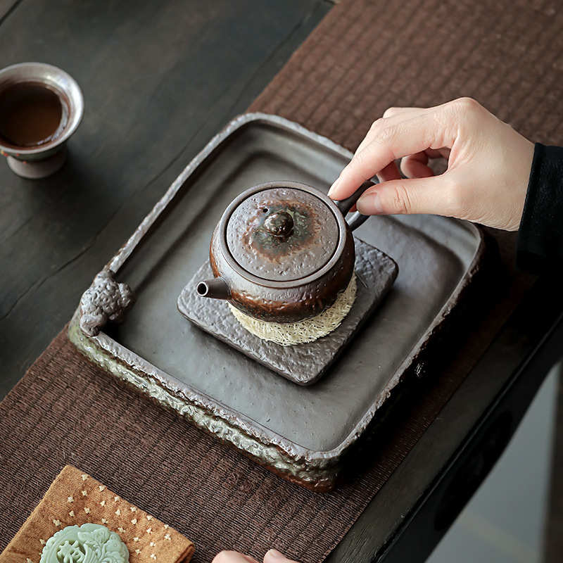 手工柴烧茶壶日式壶承家用功夫茶具复古陶瓷单泡茶壶粗陶原矿托盘