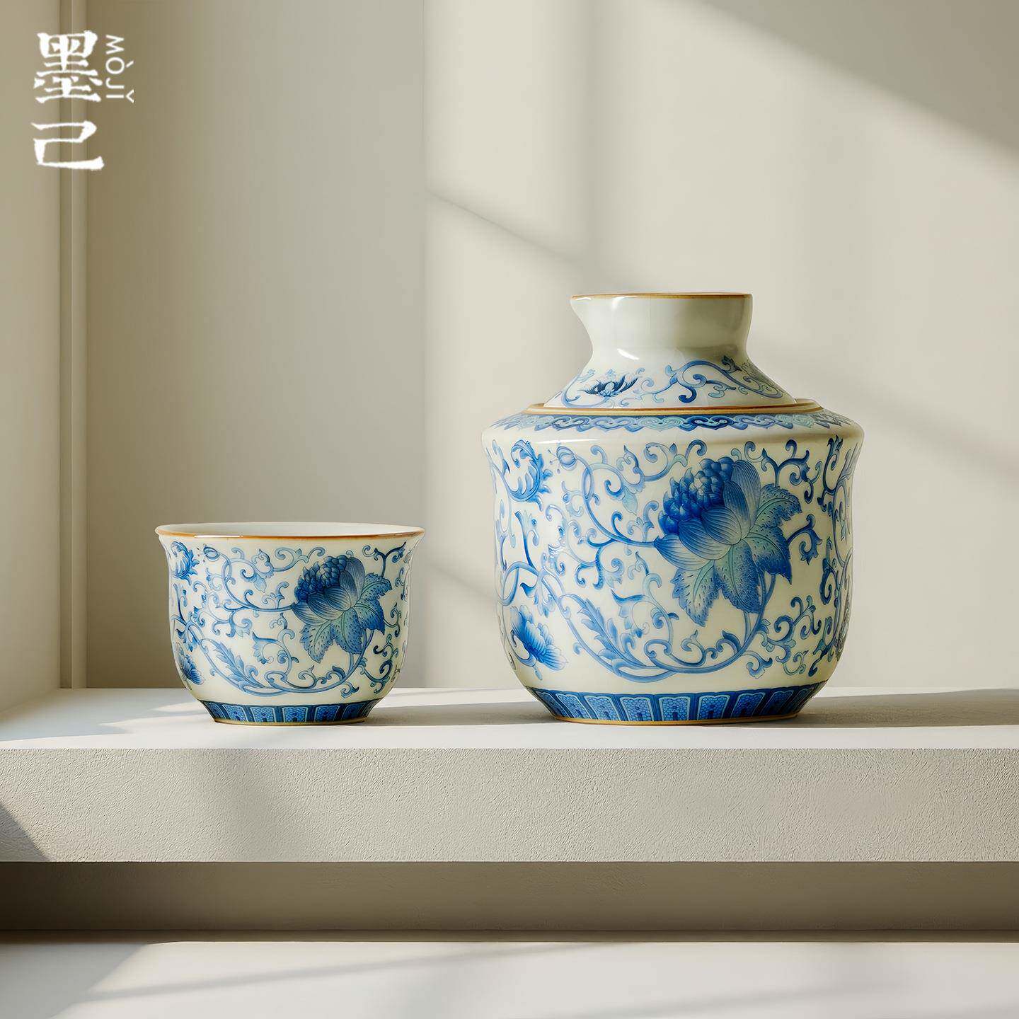 墨己汝窑温酒器青花缠枝莲陶瓷温酒壶家用烫酒热酒壶黄酒清酒具