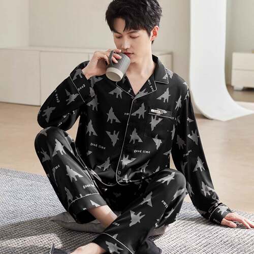 Ocnltiy潮牌睡衣男士春秋冰丝长袖丝绸大码休闲四季高级感家居服