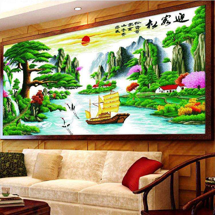 2025线绣新款精准印花十字绣迎客松财运版客厅风景山水画2米大幅