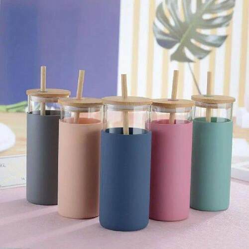 Wooden Lid Glass Water Bottle With Straw Single-Wall