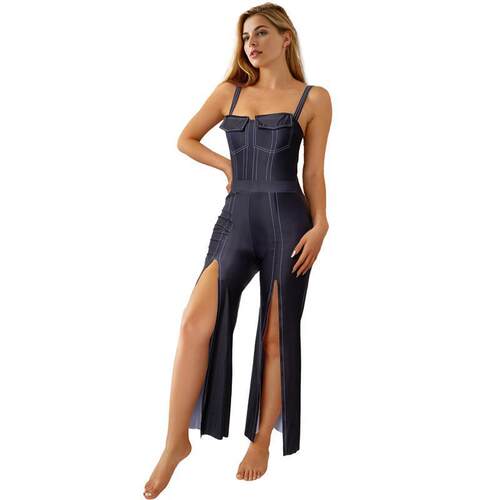 Printed denim one-piece women's swimsuit set with belly