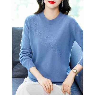 上海品牌妈妈秋冬羊毛衫女纯色绣花圆领毛衣洋气中老年套头羊毛衫