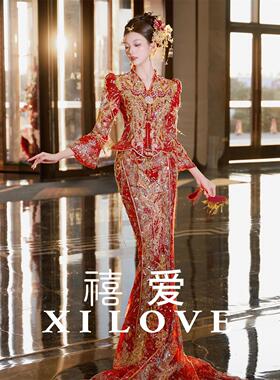 新中式重工刺绣鱼尾秀禾服2026新款新娘敬酒服红色复古风中式嫁衣