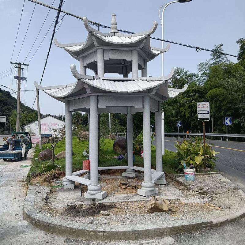 长廊景区公园石亭子晚霞红石亭子户外庭院园林中式双层六角石凉亭