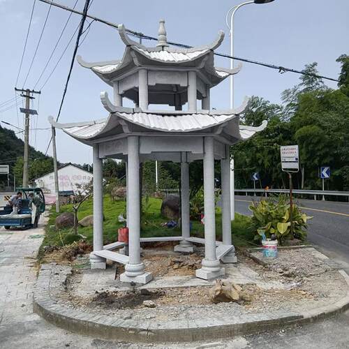 长廊景区公园石亭子晚霞红石亭子户外庭院园林中式双层六角石凉亭