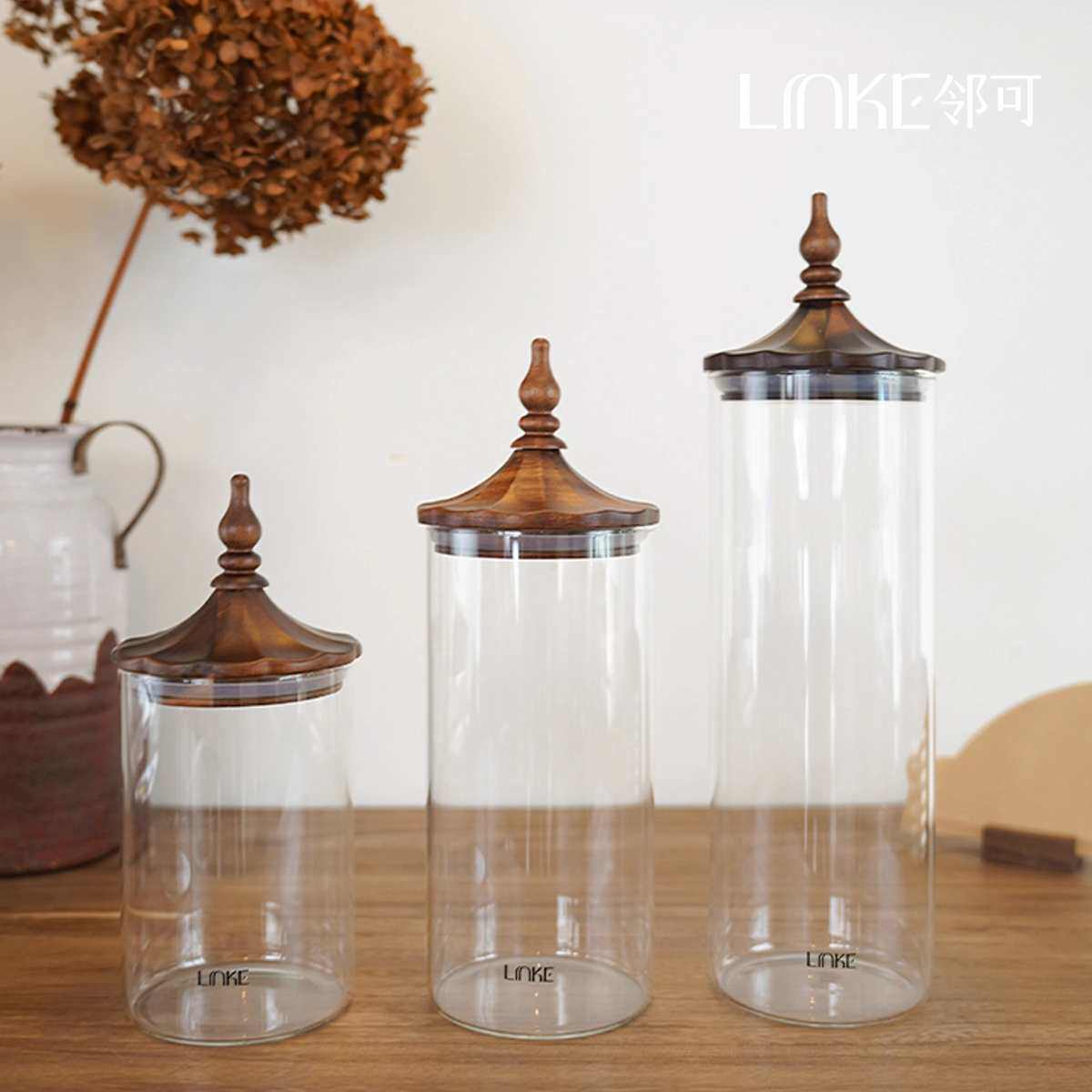 LINKE邻可 · 尖顶玻璃储物罐 设计师款中古胡桃木咖啡豆收纳罐