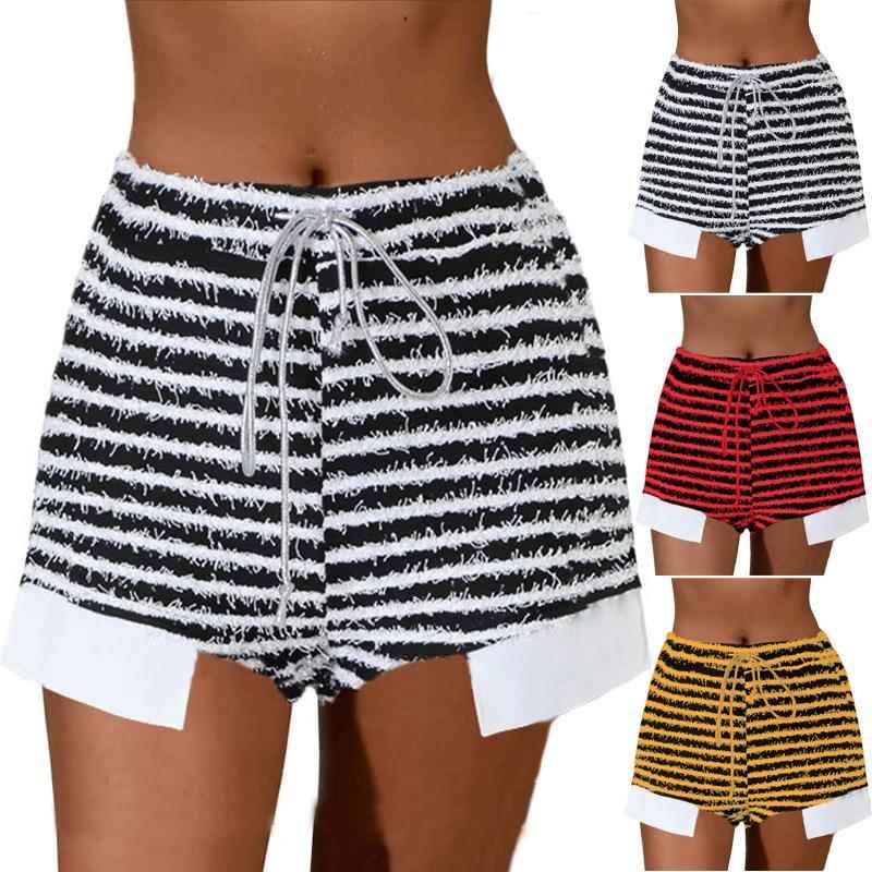 Womens Textured Stripe Drawstring High Waist Shorts