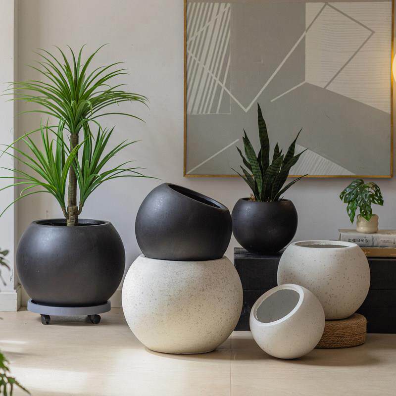 花盆现代简约客厅落地北欧绿植样品屋展示中心样板房黑色亮光面球