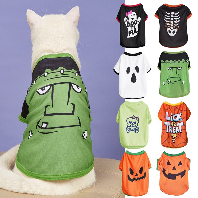 品质万圣节宠物衣服薄款猫咪节日服装南瓜骷髅头泰迪搞怪T恤