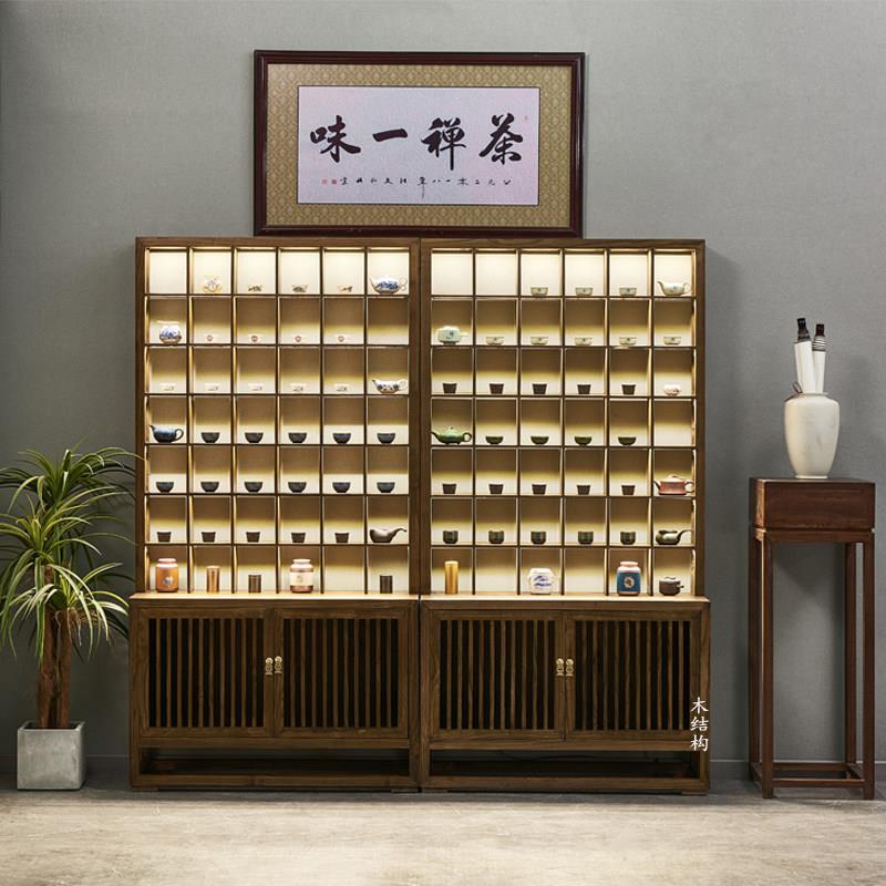 实木紫砂壶收纳格子柜老榆木茶杯茶具建盏小摆件玻璃展示博古架子