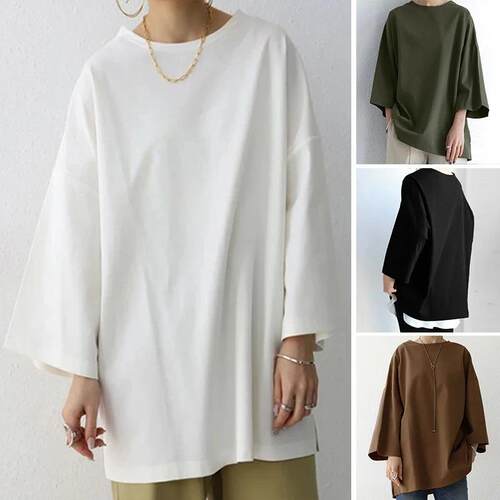 Woven Crewneck T-Shirt - 3/4 Sleeve Loose Fit Plain