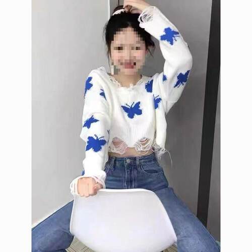 Women Y2K Butterfly Print Ripped Drop Shoulder Sleeve