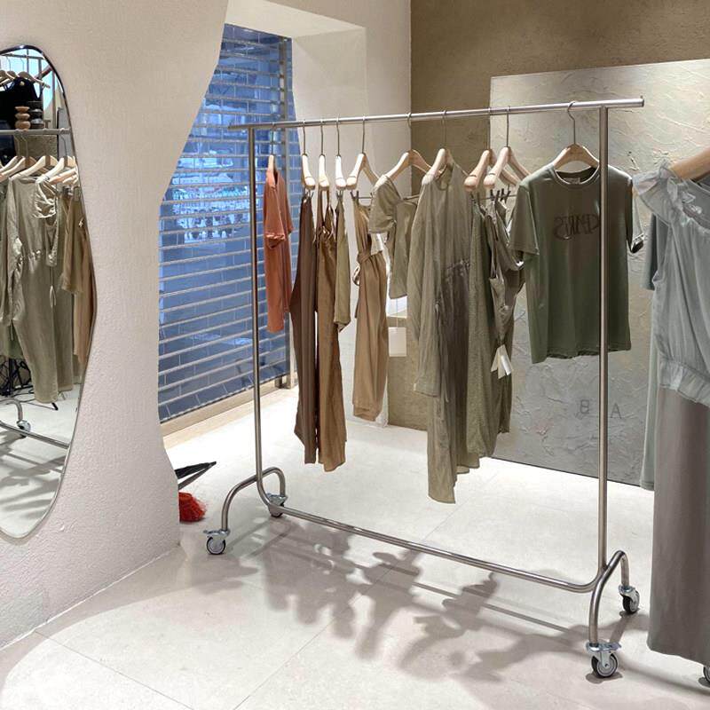 女装店货架装落地式架不锈钢移动衣带店/轮铺挂衣杆服店专用展示