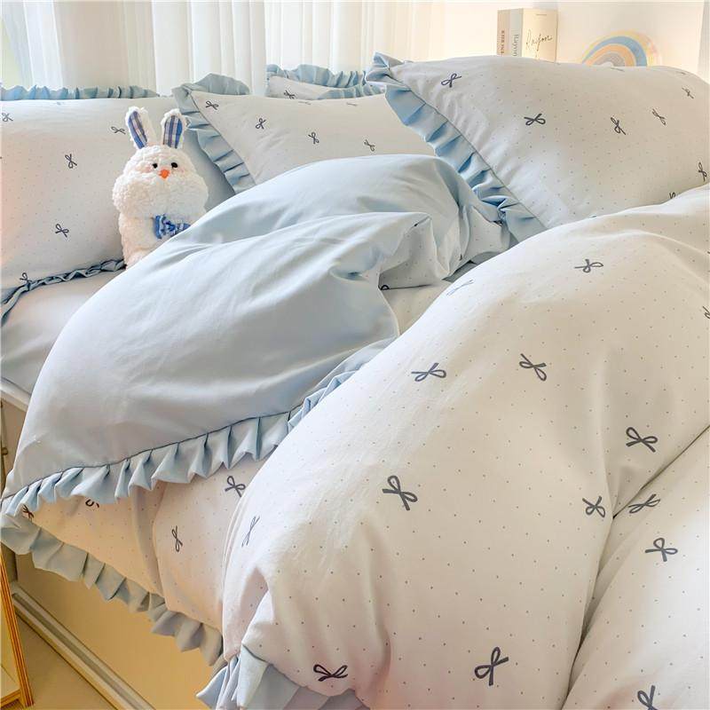 韩系蝴蝶结印花木耳褶皱花边针织棉双层纱印花四件套学生床品套件,床上用品,床垫/床褥/床护垫/榻榻米床垫,淘宝优惠券,粉丝福利购,淘宝优惠卷