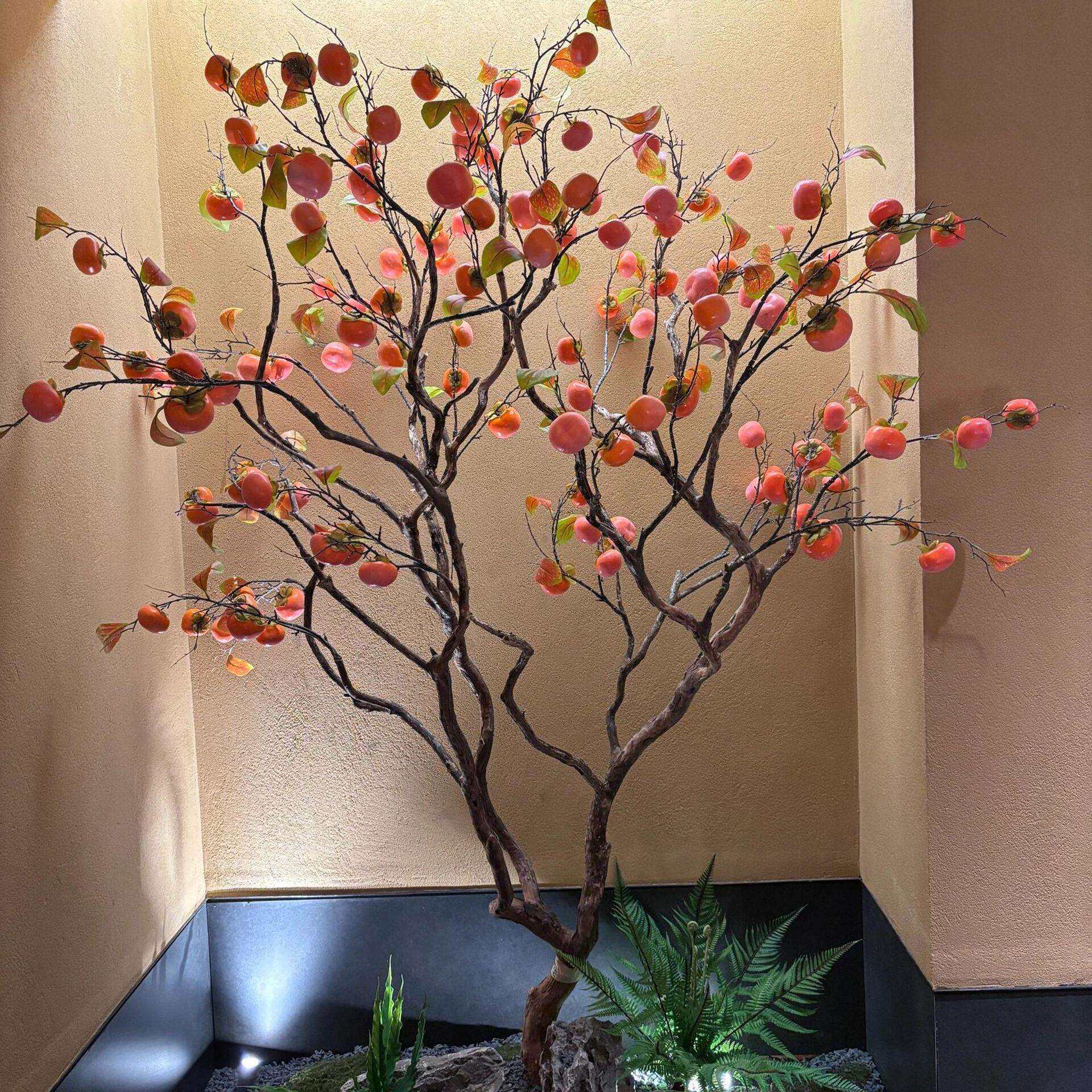 仿真柿子枯树枝仿真树配材家庭装饰花假花摆件方柿树仿真果树