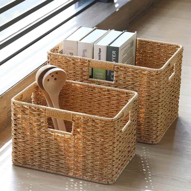 塑料藤编织整理收纳筐茶几电视柜格子柜床头柜内置储物方形收纳篮