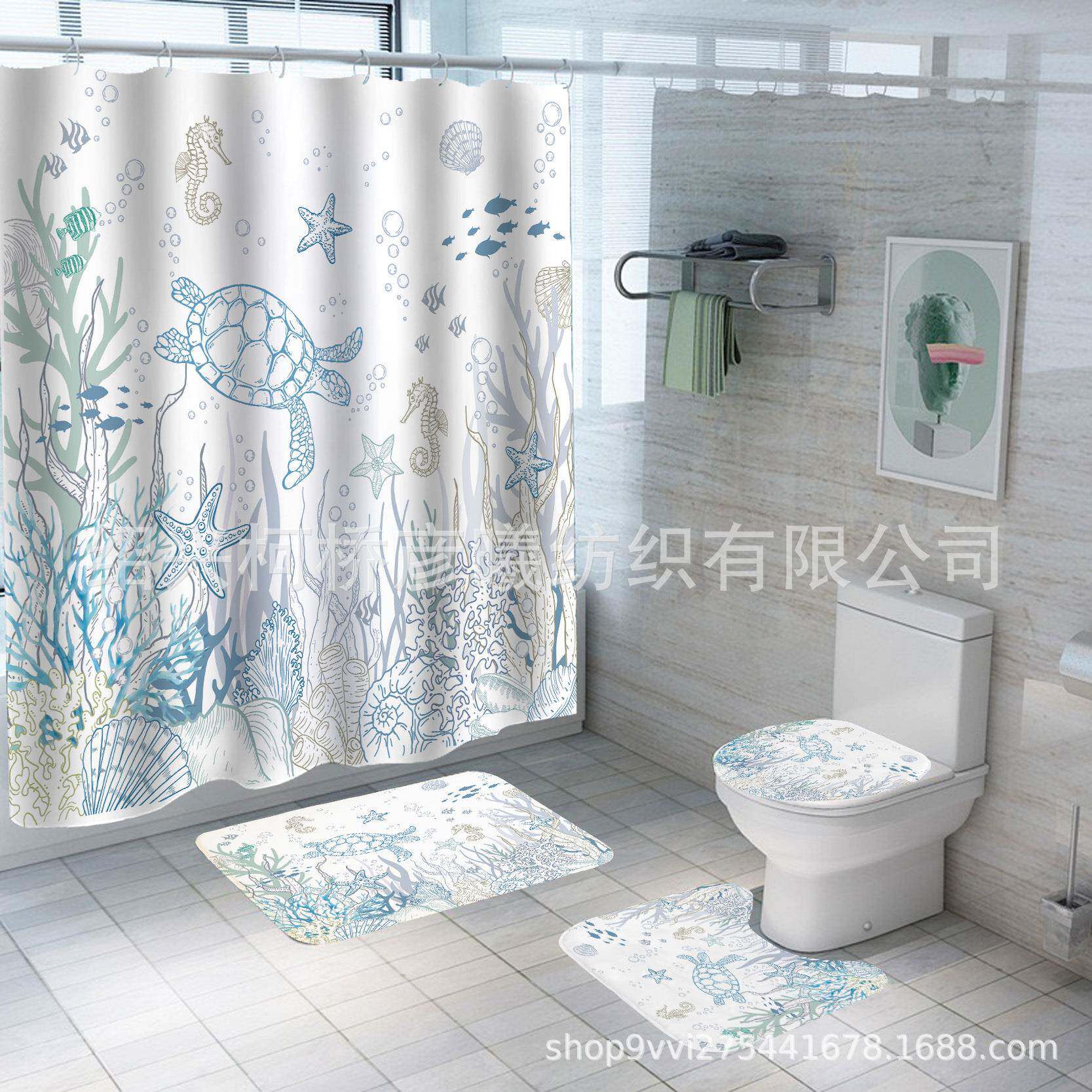 海洋浴帘 浴室隔断帘 数码印花马桶三件套四件套浴室用品量大价优