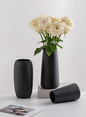 简约现代黑色陶瓷花瓶客厅插花摆件轻奢高级感花器装饰品干花鲜花