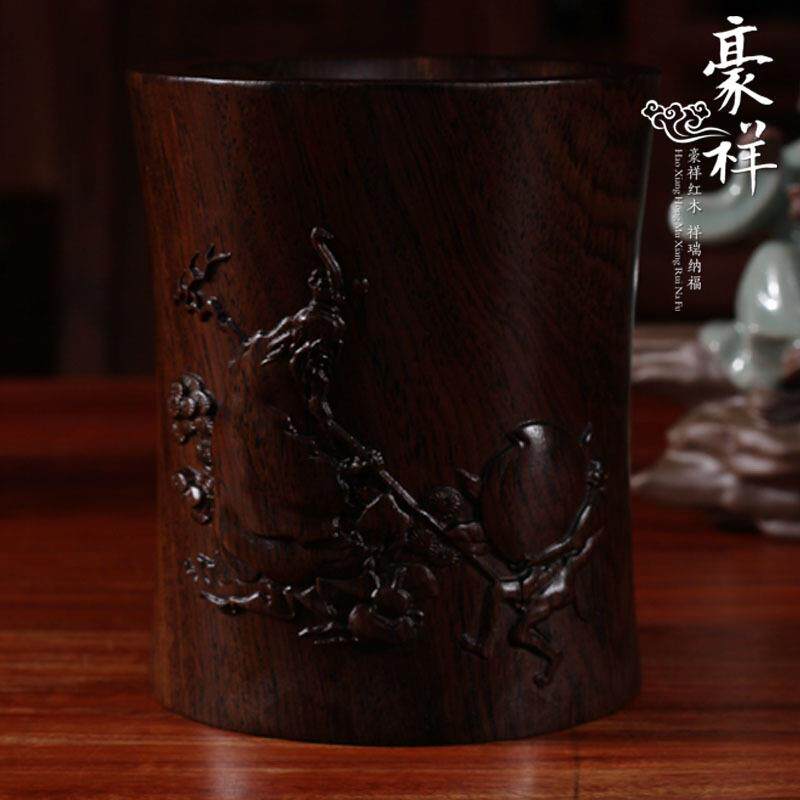 非洲黑檀木大圣贺寿小号圆形笔筒黑枝木小号寿桃笔筒摆件工艺品