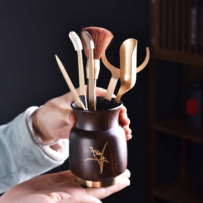 黑檀木茶道六君子套装茶筒泡茶功夫茶夹茶针茶匙茶艺组合茶盘摆件