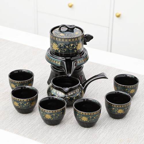 创意满花石墨自动茶具旋转时来运转套装复古陶瓷功夫礼品懒人直播