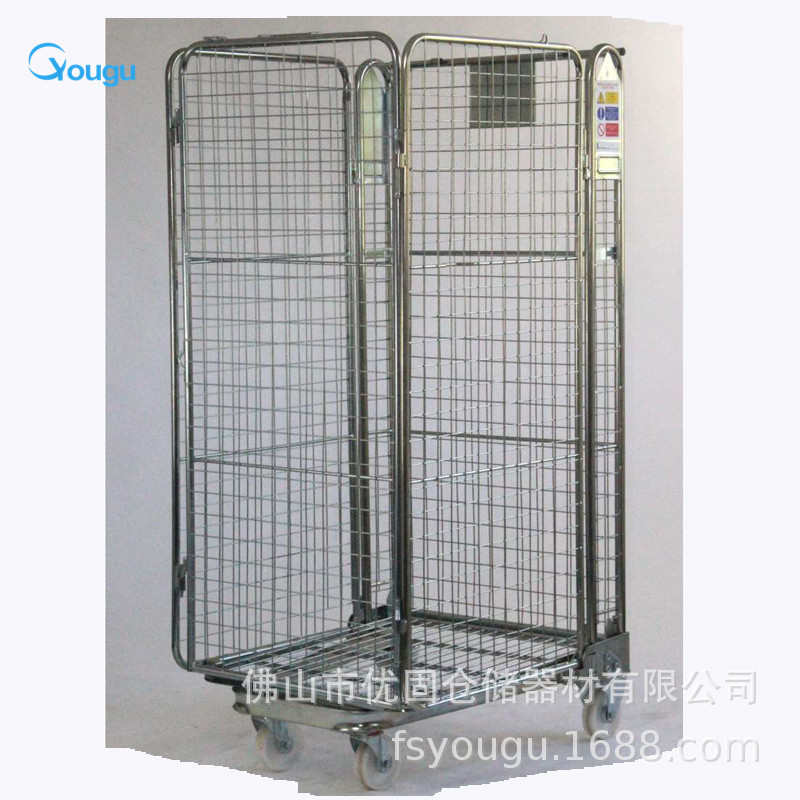 佛山优固折叠式物流台车金属储物笼U型车带滚轮周转车快递分拣车