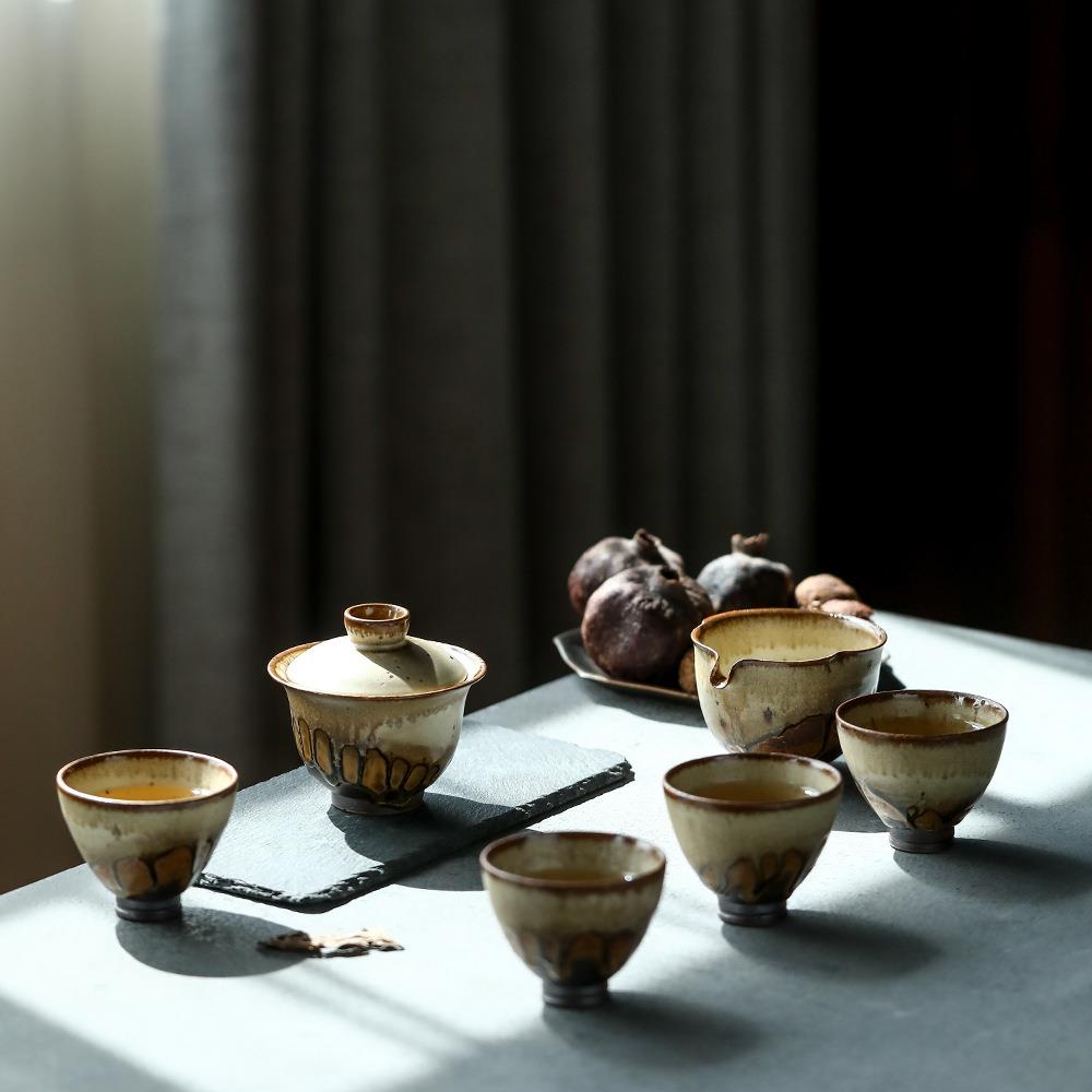 景德镇盖碗茶杯大号手工柴烧铁胎陶瓷二才泡茶工夫茶具窑变复古