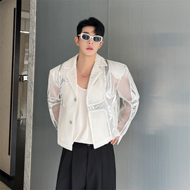 高级感镂空网格西装男小众撞色拼接设计感韩版网红短款西服外套潮