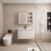 圆弧奶油风浴室柜太空铝洗手台一体盆吊柜智能镜柜岩板台面抽屉款