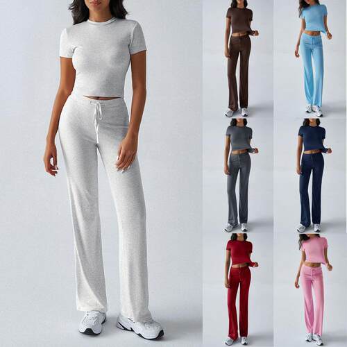 Women'S Solid Short Sleeve Two-Piece Set Casual Round Neck