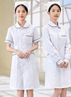 护士服长袖女冬季定制蓝边白大褂短袖药店美容师院圆领工作服套装